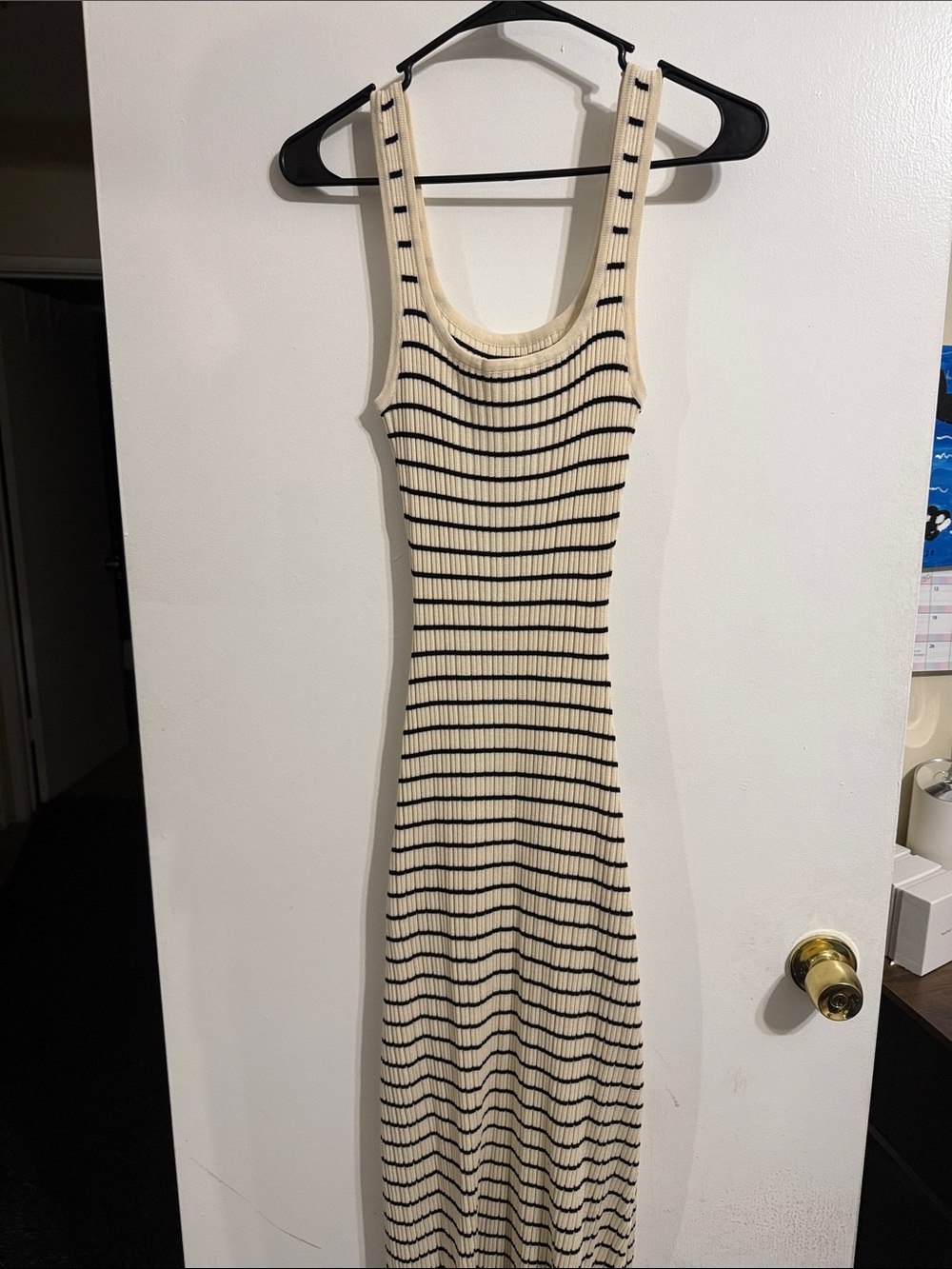 Commense Ribbed Midi Tank Dress in Cream with Black Stripes